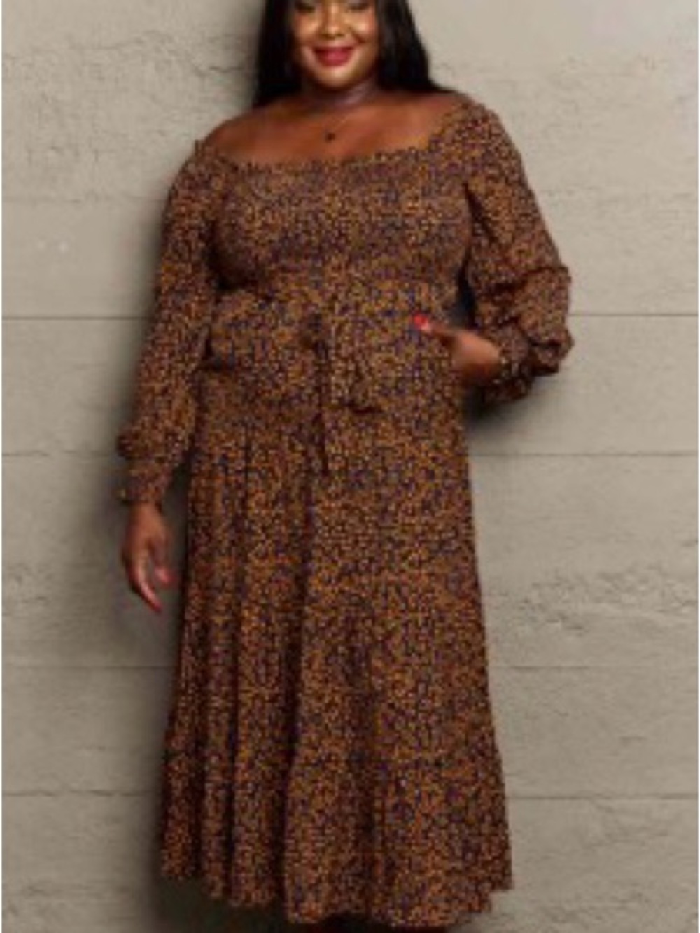 Navy and Mustard Smocked Square-Neck Leopard Print Maxi Dress